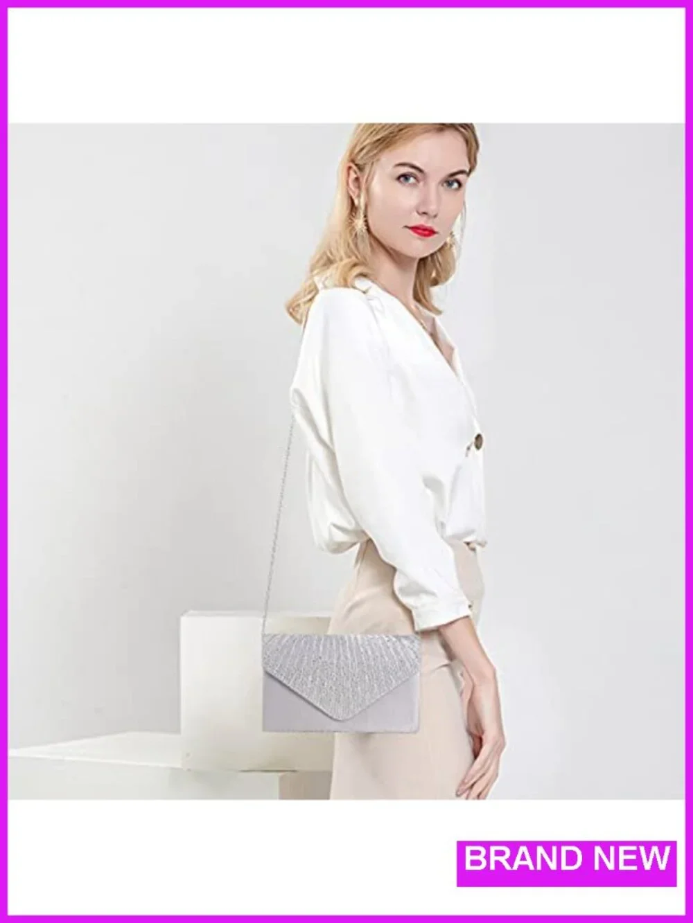 Satin Evening Clutch with Rhinestones, Crossbody Chain, Formal Party